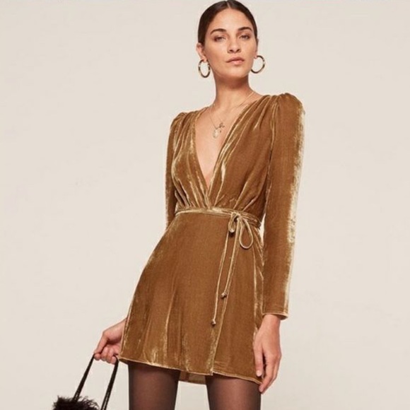Reformation Dresses & Skirts - 💟 Reformation Velvet Wrap Gold Silk Mini Dress Medium
